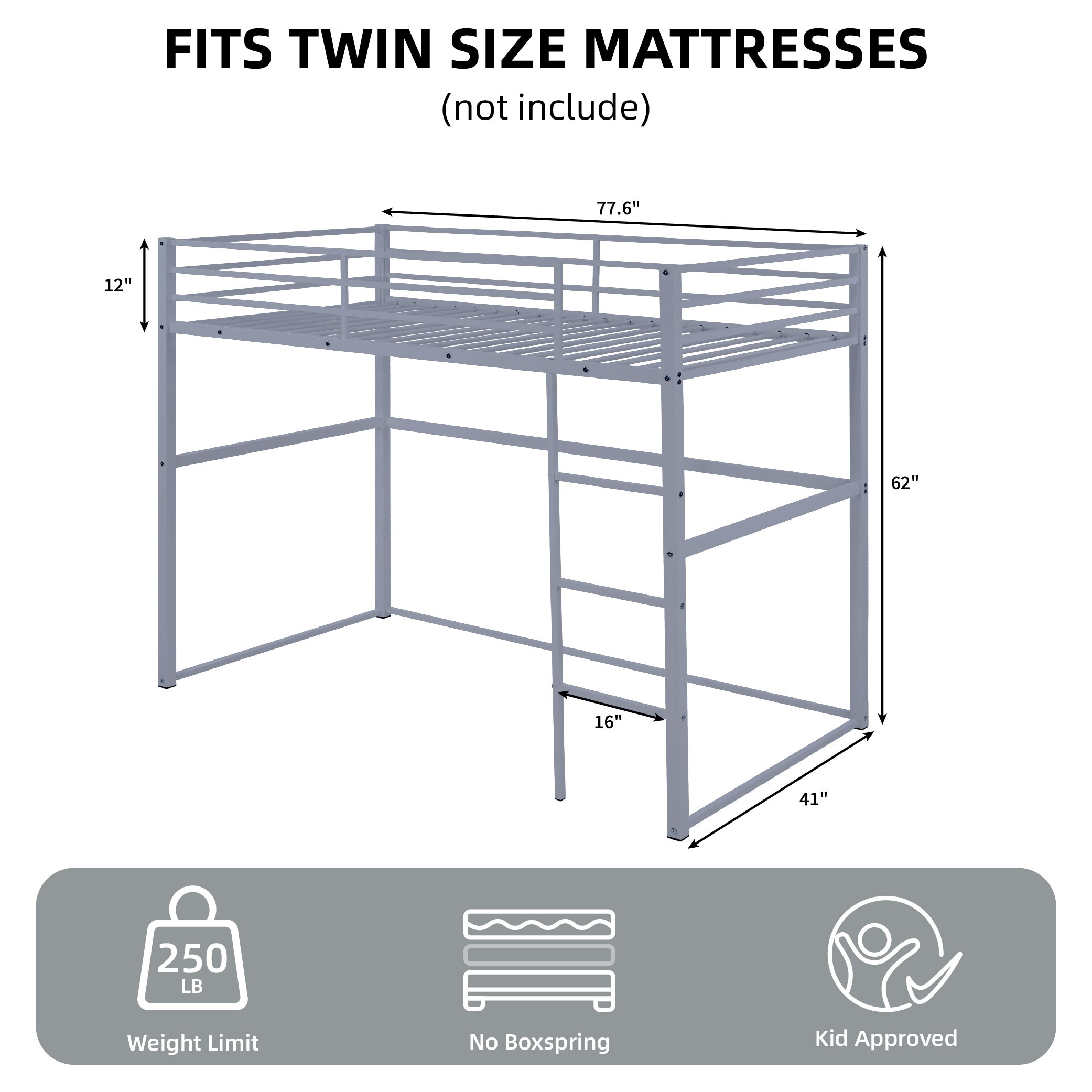 Metal Loft Bed Twin Size, Loft Bed Frame with Safety Guard Rails & Flat Ladder, Twin Loft Bed for Kids Teens Adults, Gray Metal Loft Bed Twin Size, Loft Bed Frame with Safety Guard Rails & Flat Ladder, Twin Loft Bed for Kids Teens Adults, Gray